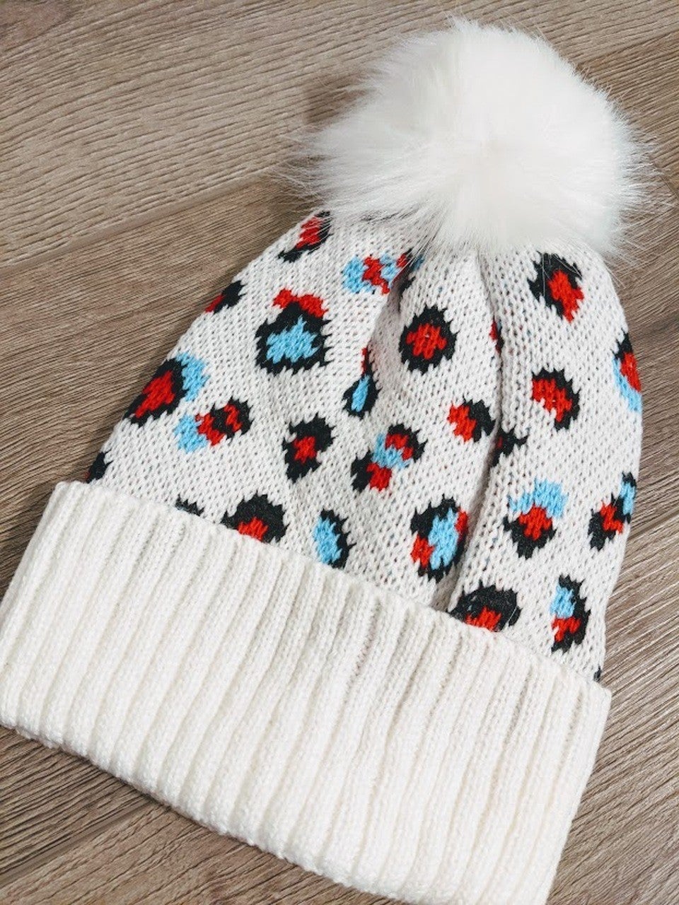 Colorful Leopard Beanie with Pom