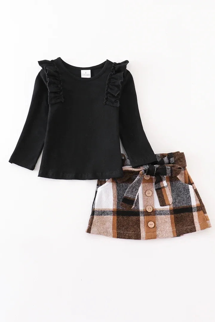 Black Ruffle Plaid Skirt - 2 Piece Set