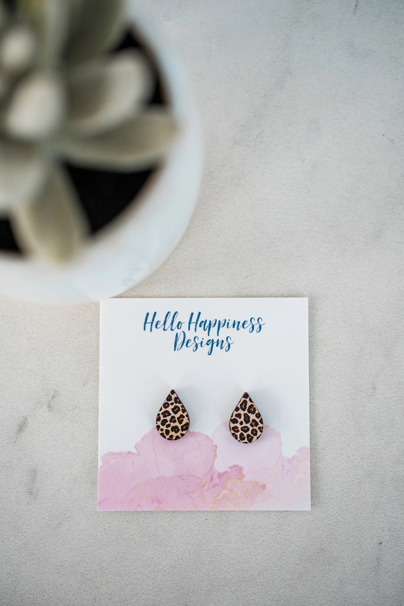 Leopard Wooden Teardrop Studs