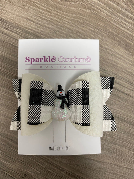 White Buffalo Plaid Snowman Hair Bow