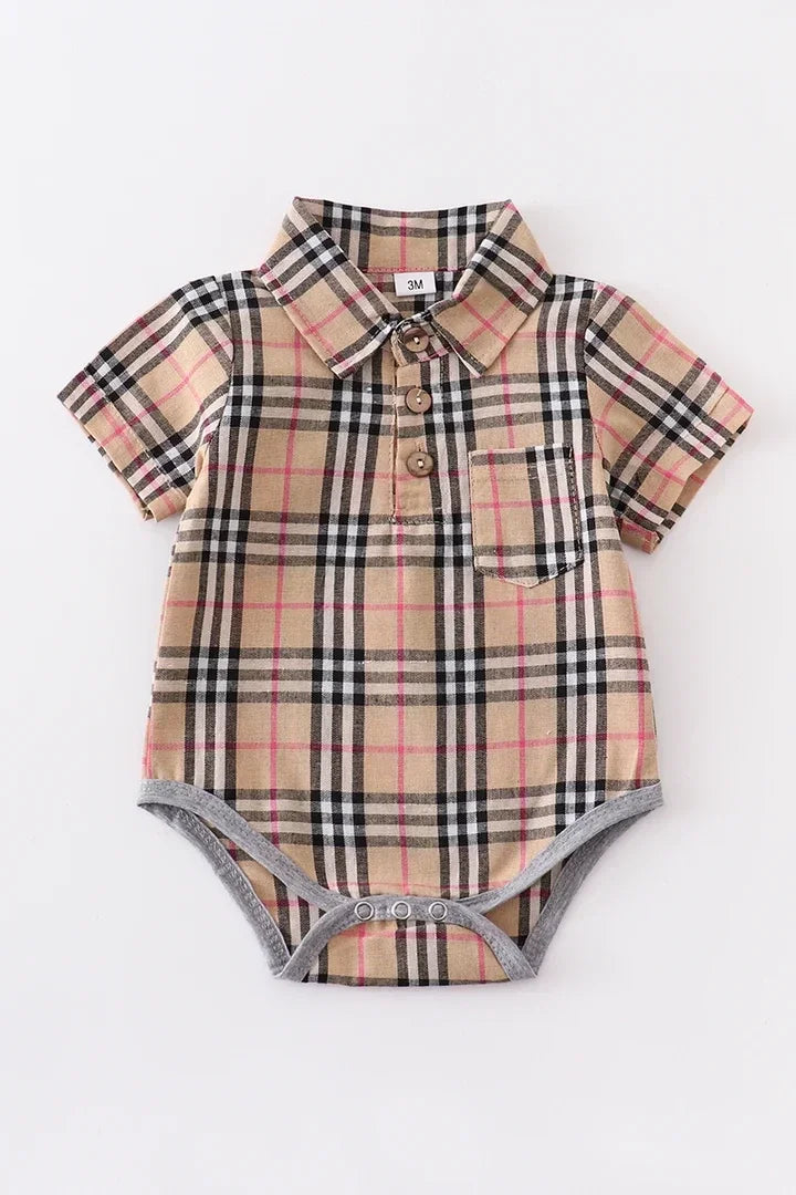 Brown Plaid Button Down Romper